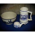 3 Blue and White Porcelain Items -Mug (140x125x80mm),bowl (80x45mm) and egg cup (45x105x55mm)
