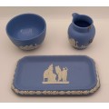 Vintage Blue  `Wedgwood` Jasperware Bowl, Tray and Creamer( ear Damaged )