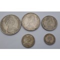 1964 Rhodesia coins 25c(2½ Shillings ),20c( 2 Shillings),10c(1 shilling)sixpence and 3 pence