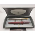 Vintage Maroon Parker Fountain Pen and Parker Frontier Rollerball in very nice parker case