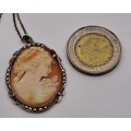 Vintage Silver (.800) Shell Cameo Pendant 27x35mm with chain