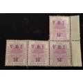 1890-1891 Orange Frij Staat- Block of 4 -1d-Orange River Colony-V.R.I overprint-Unused