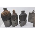 Collection of Antique 1800`s Hip Flasks -3x leather clad glass & pewter and 2 pewter Hip Flask