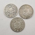 3 Coins -  1941 and 1943 (.800 Silver ) South Africa 6 Pence Plus 1960 6 Pence (.500 Silver)