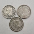 3 Coins -  1941 and 1943 (.800 Silver ) South Africa 6 Pence Plus 1960 6 Pence (.500 Silver)
