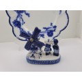 Unmarked Blue and White Porcelain Windmill with Kissing Couple Denmark and Plate