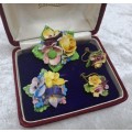 Vintage Denton Bone China Floral Brooch and Earrings with a Coalbrook Pendant(a few small chips)