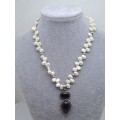 Vintage Genuine Pearl Necklace with Genuine Amethyst 925 Sterling Silver Pendant. 43cm
