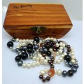 Beautiful Vintage Genuine Multicolored Pearl Necklace 152cm (1,5 meter)in wooden Box.