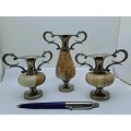 3 Antique Marble and Silver plated Bud Vases
