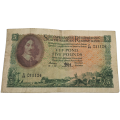 De Kock C44 Prefix - 1956 South Africa Five Pounds  Afrikaans-English Bank note -Circulated.
