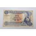 1967  Mauritius 5 Rupees  Bank Note -Circulated