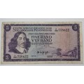 1966-1967 TW de Jongh South Africa 5 Rand- R5 - English-Afrikaans  Prefix F100 -Bank Note