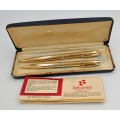 Vintage white dot Sheaffer Gold Electroplated  Ballpoint Pen and pencil - In Case-Ink ok- ENGRAVED