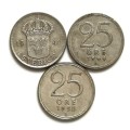 SWEDEN 1941+1944+1950 SILVER 25 ORE (3 COINS)