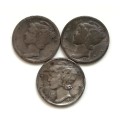 UNITED STATES 1919D+1937+1941 SILVER MERCURY DIME (3 COINS)