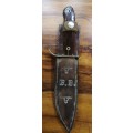 VINTAGE HUNTING KNIFE BLADE 165MM WITH LEATHER SHEATH AND WOODEN HANDLE