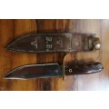 VINTAGE HUNTING KNIFE BLADE 165MM WITH LEATHER SHEATH AND WOODEN HANDLE