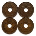 BRITISH EAST AFRICA 1941+1942+1943+1949 5 CENTS (4 COINS)
