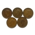UNION 1940 TO 1944 HALF  PENNY ALL DATES (5 COINS)