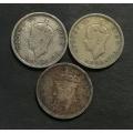 SOUTHERN RHODESIA 1937+1940+1944 SILVER 3 PENCE (3 COINS)