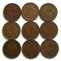 UNION 1950 TO 1958 1/4 PENNY ALL DATES 9 COINS