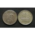 SWEDEN SILVER 1947 + 1950 10 ORE (2 COINS)