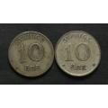 SWEDEN SILVER 1917 + 1936 10 ORE (2 COINS)