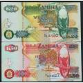 ZAMBIA 1992 20 + 50 KWACHA (2 NOTES)