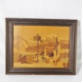 Framed wooden artwork - Small town in valley - Vintage - Sizes in description below