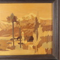 Framed wooden artwork - Small town in valley - Vintage - Sizes in description below