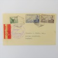 First Flight cover Barcelona to London 23 October 1950 with 3 Spanish stamps and airmail tag