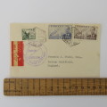 First Flight cover Barcelona to London 23 October 1950 with 3 Spanish stamps and airmail tag