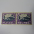 South Africa SACC 108 `Peace` pair of stamps - Afrikaans stamp with cable station error - black dot