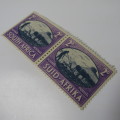 South Africa SACC 108 `Peace` pair of stamps - Afrikaans stamp with cable station error - black dot