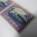 South Africa SACC 108 `Peace` pair of stamps - Afrikaans stamp with cable station error - black dot