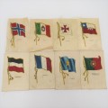 Lot of 8 flags of all nations cigarette cards in silk - 4 with backing - 4 without