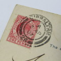 Gibraltar penny on postcard with British Post office Tangier cancellation