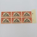 SACC 143 Centenary of the Cape Triangular - Block of 6 x 1d stamps - Top right stamp with large dot