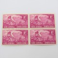 SACC 130 block of 4 x 1d stamps - Top left stamp with large white mark on back of last ox