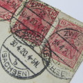 Zwickau Germany to England with three German stamps and four Zwickau 30 April 1920 cancellations