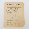 Tokens 1903 Crown Hotel wine card I.O.U for 2 shillings 9 pence