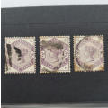 3 Different SG 191 (Type 62) Three pence stamps - 1883 3 different cornet markings - Lot of 3