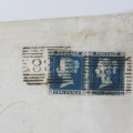 Pair of 2 penny blue stamps GA & GB on corner -uncut pair- dirty envelope but rare backstamped