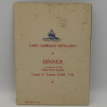 WW1 Cape Gerrison Artillery Dinner menu in honour of commanding officer Colonel C. Gutsche. C.B.E V.