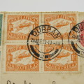 SACC 40 & 41 2nd Airmail issue 2 blocks of 4 on First day flown cover Durban to Bloemfontein