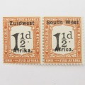 South West Africa Postage due 1 1/2 d Pair mint hinged SACC 23