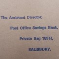 Return pre -addressed Post office savings bank Salisbury Rhodesia envelop