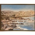 Beautiful framed oil painting of the view of Hermanus from the cliff path signed J Thompson