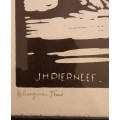 COLLECTORS Item - JH PIERNEEF FRAMED LINOCUT WITH POSTAGE STAMPS AND POST CARDS